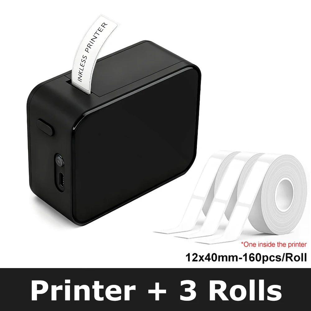 Black Add 2 Rolls color Portable Bluetooth Thermal Label Printer – Inkless Mini Maker