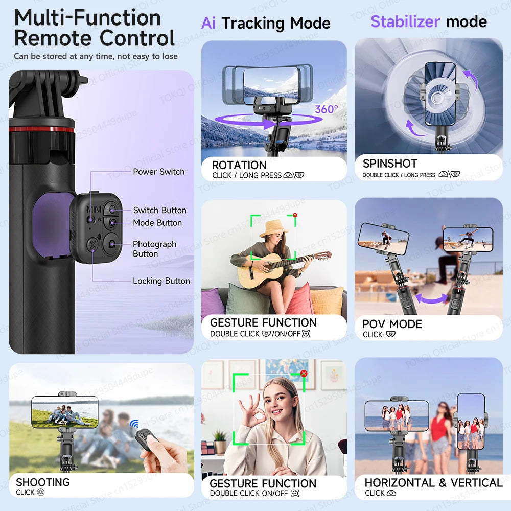 AI Face Tracking Phone Gimbal Stabilizer Selfie Tripod