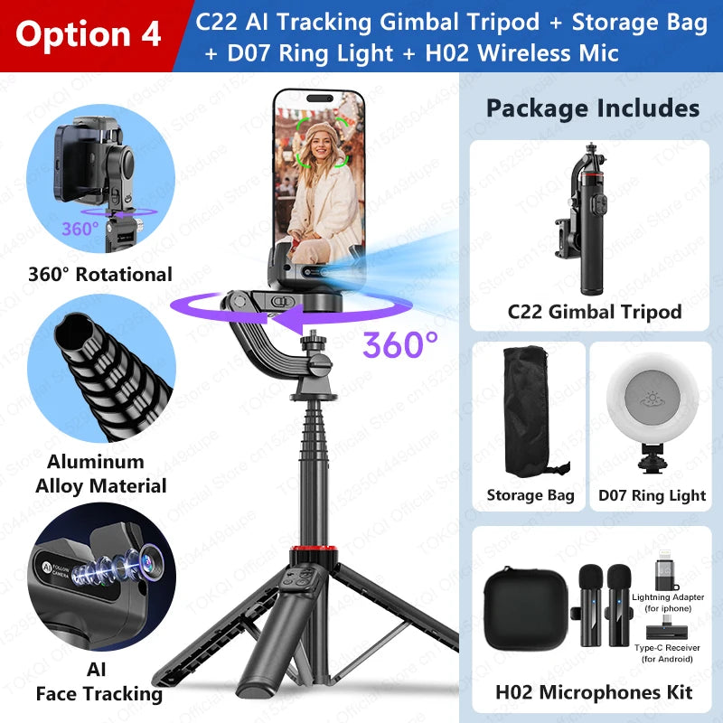 Option 4 Color AI Face Tracking Phone Gimbal Stabilizer Selfie Tripod