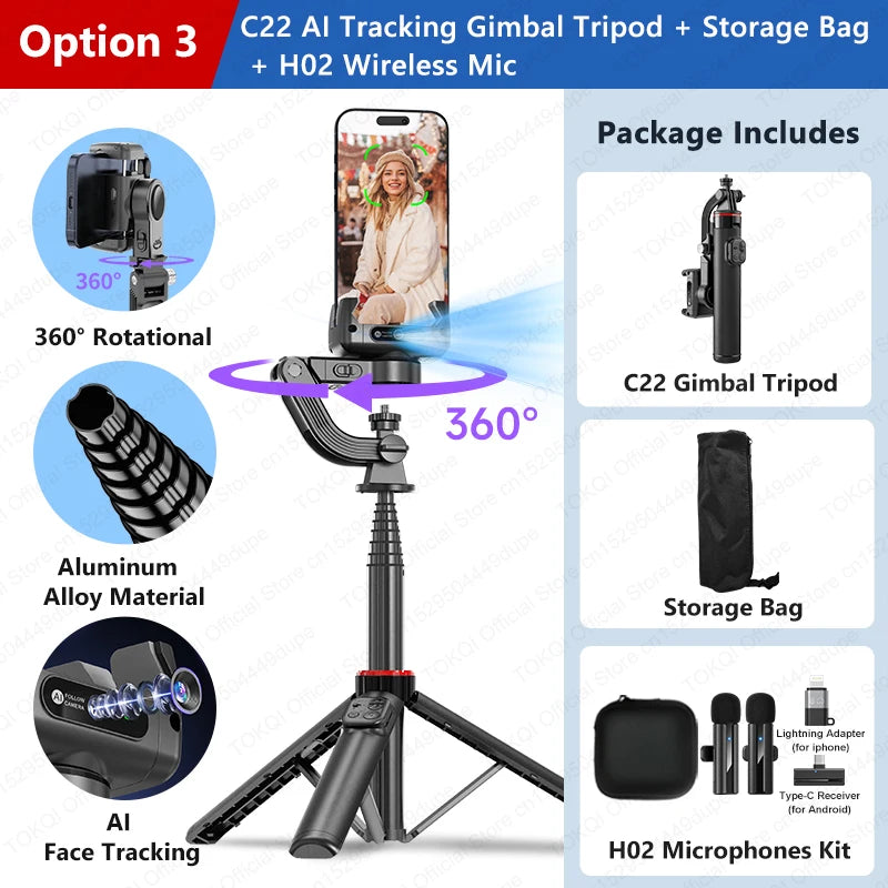 Option 3 Color AI Face Tracking Phone Gimbal Stabilizer Selfie Tripod